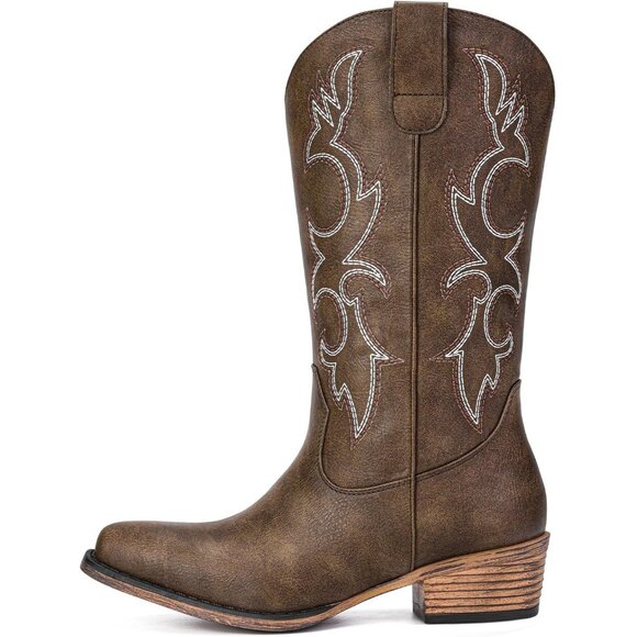 Women Brown Faux Leather Snip Toe Chunky Block Heel Embroidered Western Boot - Picture 4 of 5